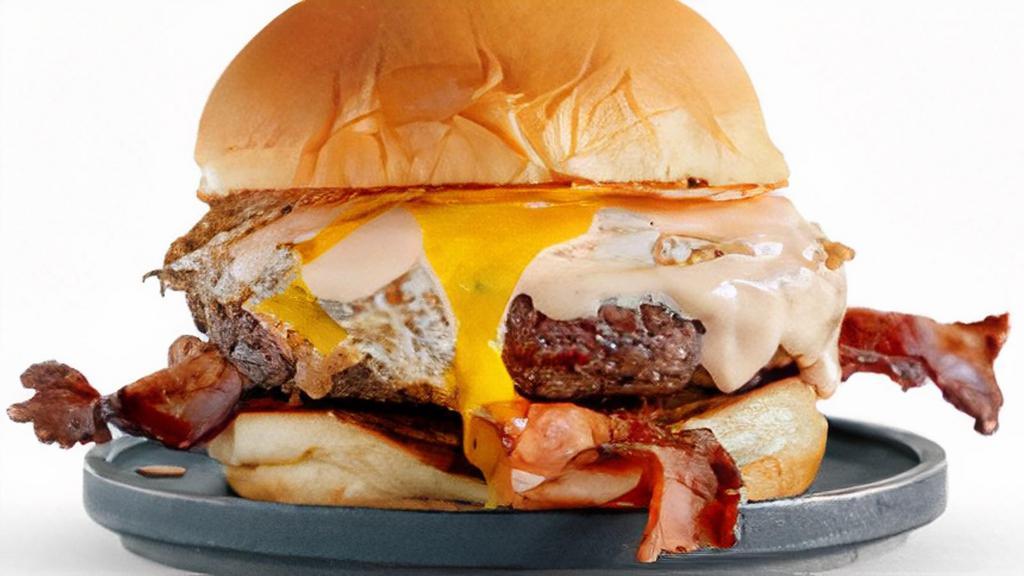 Breakfast Burger · 1/3 lb. grass-fed beef patty, Hawaiian bun, American cheese, bacon, fried egg, cholula mayo.