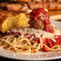 Spaghetti · Choice of meat sauce with homemade meatballs or marinara. Served with garlic bread.