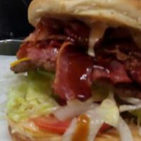 Pastrami Cheese Burger · thousand island spread or mayo, cheese, lettuce, tomato, onions, pickles.