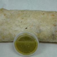 Asada Burrito · white rice, pinto beans, cheese, lettuce, cilantro & onions, green salsa.