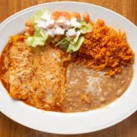 Two Cheese Enchiladas · Served with rice and beans.
