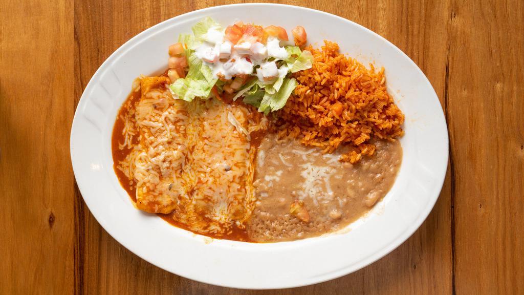 One Cheese Enchilada · Served with rice and beans.