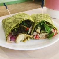 Artichoke  Spinach Wrap · Marinated artichoke hearts, roasted red bell peppers, roasted onion, house made white bean h...