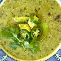 Quinoa Chili Verde · Tomatillo, jalapeno, quinoa, white bean, kidney bean, onions, cilantro, oregano, garlic, oli...