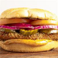 Vegan Buffalo Sandwich · Vegan chicken, buffalo sauce, vegan Cheddar, mayo, pickles, pickled carrots, and green leaf ...