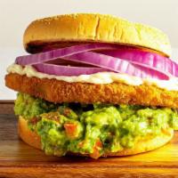 Vegan California-Style Sandwich · Vegan chicken, avocado smash, pomegranate, vegan garlic mayo, lettuce, and fresh red onions ...
