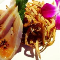 Albacore Jungle · Seared albacore with fried onion (eel sauce).
