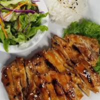 Chicken Teriyaki · Served with salad, miso soup, and rice.