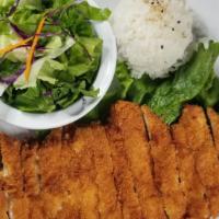 Chicken Katsu · Chicken cutlet with salad, miso soup, and rice.