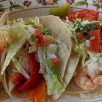 Shrimp Tacos · With bell pepper, onion, tomato, sour cream, lettuce, and pico de gallo.