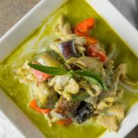 Spicy Green Curry · Choice of meat in a spicy green curry sauce with Thai eggplants, Japanese eggplants, bell pe...