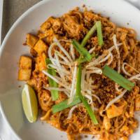 Pad-Thai · Traditional Thai‏ style rice noodles, stir fry  with choice of meat, tofu, and egg in Thai h...