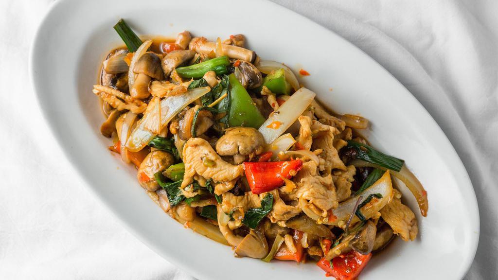 Spicy Basil (Pad Kra Pow) · Choice of meat, stir fried with mushrooms, bell peppers, onions, Thai basil in a Thai garlic chili pepper sauce. Add prawn or calamari, fish or seafood additional for an additional charge.