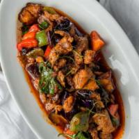  Spicy Eggplant · Gluten-free. Choice of meat, stir fried with Japanese purple eggplants, bell peppers, and Th...