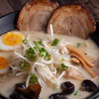 Tonkotsu Ramen · Roasted pork, boiled egg, kikurage mushroom, bamboo shoots, green onions, sprouts, and fish ...