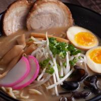 Shoyu Ramen · Roasted pork, boiled egg, kikurage mushroom, bamboo shoots, green onions, sprouts, and fish ...