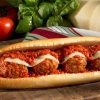 Meatball · Meatballs with pizza sauce and melted provolone cheese on a genuine Amoroso roll