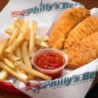 Chicken Fingers · Crispy, golden chicken fingers served with your choice of sauce and a small order of French ...