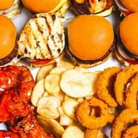 Family Box · Eight (3 oz.) classic cheese burgers, eight wings, fries, onion rings.
Classic toppings-leaf...