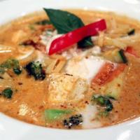 Red Curry · Gluten-free. Soft or fried tofu with seasonal vegetables (broccoli, carrots and zucchini), b...