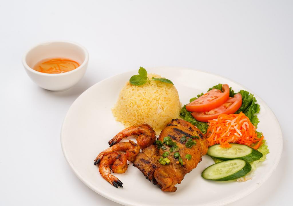 Cơm Thịt Nướng, Chả Giò Hoặc Tôm (Gà) · Charbroiled Chicken with Rice & Eggrolls or Shrimps.