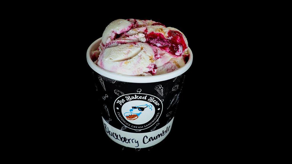 Blackberry Crumble Pint · Vanilla Bean Ice Cream w/ a Blackberry Ripple & Pie Crust Pieces.