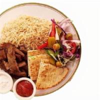 Beef Gyro Plate · Pita bread, salad, sauce, and choice of rice or fries.