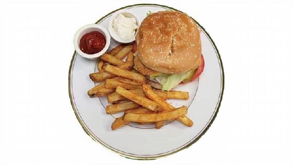Chicken Burger · Salad, sauce, fries, chicken.