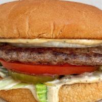 Hamburger · 100% beef patty, lettuce, tomatoes, onions, pickles, thousand island sauce, on toasted bun.