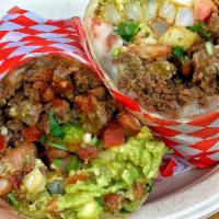 California Burrito · Flour tortilla, beans, carne asada, cheese, guacamole, fries, avocado cream (sour cream, cil...