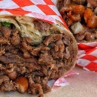 Carne Asada Burrito · Flour Tortilla, Beans, Cheese, Cilantro, Onions & Choice of Salsa