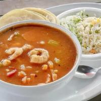 Shrimp Caldo · Pacific shrimp, carrots, onions, bell peppers, celery, rice, corn tortillas.