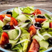 Greek Salad · Chopped Romaine Lettuce, Diced Tomato, Red Onions, Pickled Banana Peppers, Black Olives, Roa...