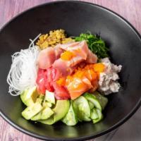 Poke Bowl · With white rice or green salad. Choose three kinds of your favorite proteins (tuna, salmon, ...