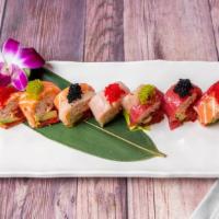 Padres (Soypaper Wrap) · In: snow crab, spicy tuna, avocado/ out: tuna, salmon, white fish/ top: tobico with house sa...