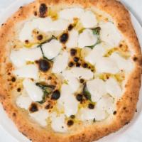 Four Cheese Pizza · Fresh Mozzarella, ricotta, gorgonzola, Parmesan, garlic, oregano (no tomato sauce).