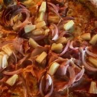 Hawaiian Pizza · Italian tomato sauce, shredded mozzarella, pineapple, rosemary ham, red onions.