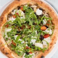 Truffle Vegetable Pizza · Truffle cream, fresh Mozzarella, basil, Ricotta, mushrooms, black olives, grape tomatoes. To...