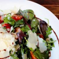 House Salad · Seasonal greens, baby arugula, grape tomatoes, balsamic vinaigrette dressing. All salads are...