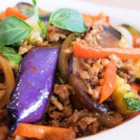 Spicy Eggplant Lover · Eggplants, fresh garlic, chili, onions, zucchinis, red bell peppers, cabbage and basil leave...