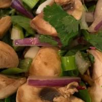 Mushroom · Mushrooms, onions, celerys, tomatoes, green onions, zucchinis in garlic sauce.