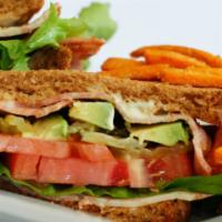 Avocado Blt Sandwich Specialty · Vegan strips, lettuce, tomato, avocado, house sauce, and pickles on toasted wheat bread.