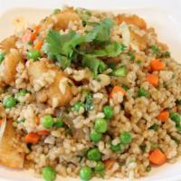 Cha Cha Fried Rice · Gluten-free option. Vegetable protein, peas, carrots, white rice, white, and green onion, to...