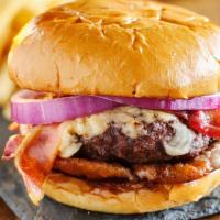 Bbq Western Bacon Cheeseburger · BBQ sauce, onion ring, bacon, and American cheese, served with French fries.