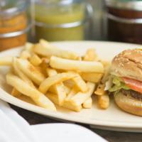 Hamburger · Juicy beef patty on sesame bun with Thousand island dressing, lettuce and tomatoes. Served w...