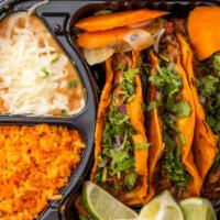 3 Cheesy Birria Taco Combo · 3 cheesy birria tacos topped with onions, cilantro salsa and a side of rice, beans and 5 oz ...