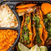 3 Cheesy Birria Taco Combo · 3 cheesy birria tacos topped with onions, cilantro salsa and a side of rice, beans and 5 oz ...