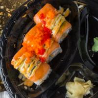 Love Roll · Snow crab, d.f. shrimp topped with salmon, avocado, tobiko and special sauce.