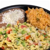 Huevos A La Mexicana · 2 scrambled eggs with tomatoes, onions and jalapeno, rice & beans.