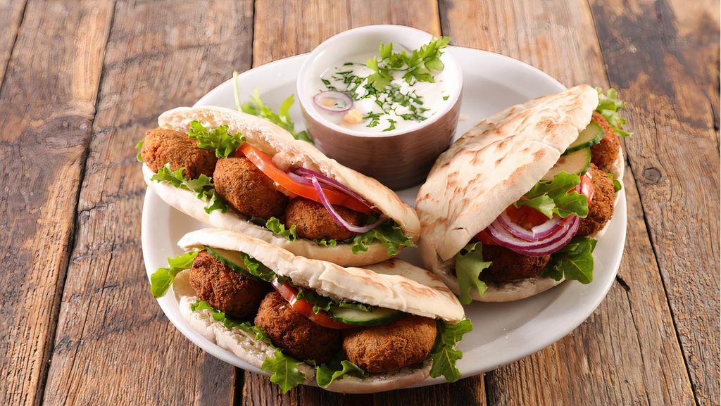 Falafel Sandwich · Your choice of shawarma meat, hummus, tahini sauce, onions, pickles, tomato and cucumber, served with a side of French fries and a side of tahini sauce.